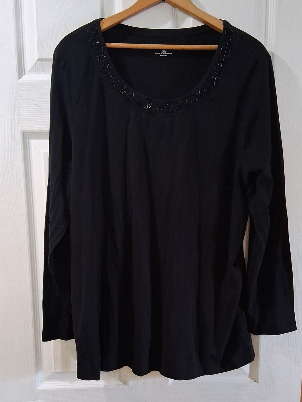 Catherines Black Long-Sleeve Scoop Neck Top with Bead Trim